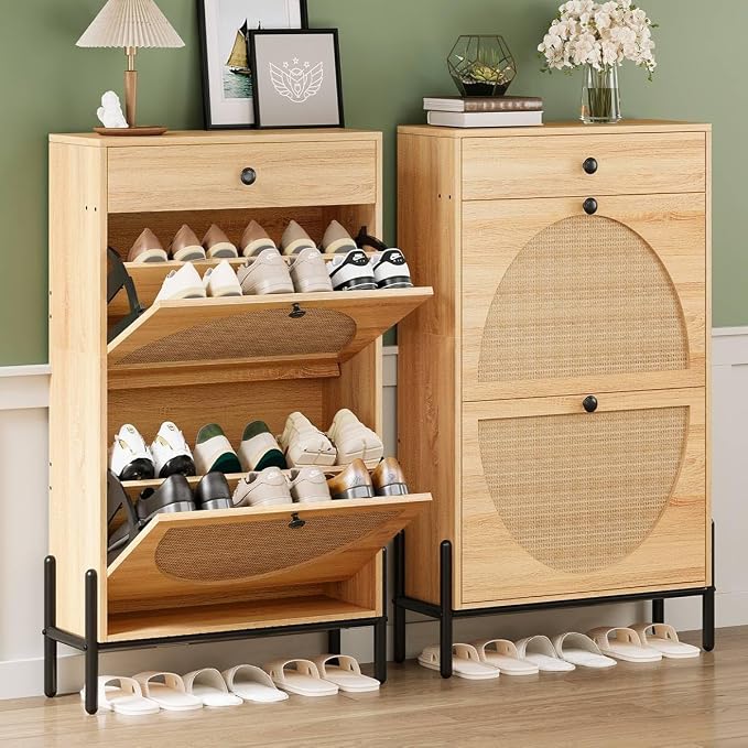 IRONCK Narrow Shoe Cabinet with 2 Flip Drawers and Rattan Doors, Oak | Shoe Storage Cabinet for Entryway, Free Standing Shoe Storage Organizer, Adjustable Shelves, Shoe Rack Cabinet