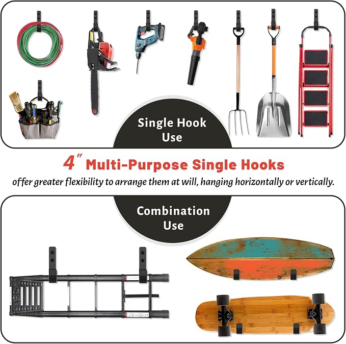 Garage Hooks 4 Inch, 6 Pack Heavy Duty Wall Hooks for Hanging | Ladder Hangers for Garage Wall Mount, Steel J Utility Garden Hose Holder Tool Organizers and Storage | 55lbs