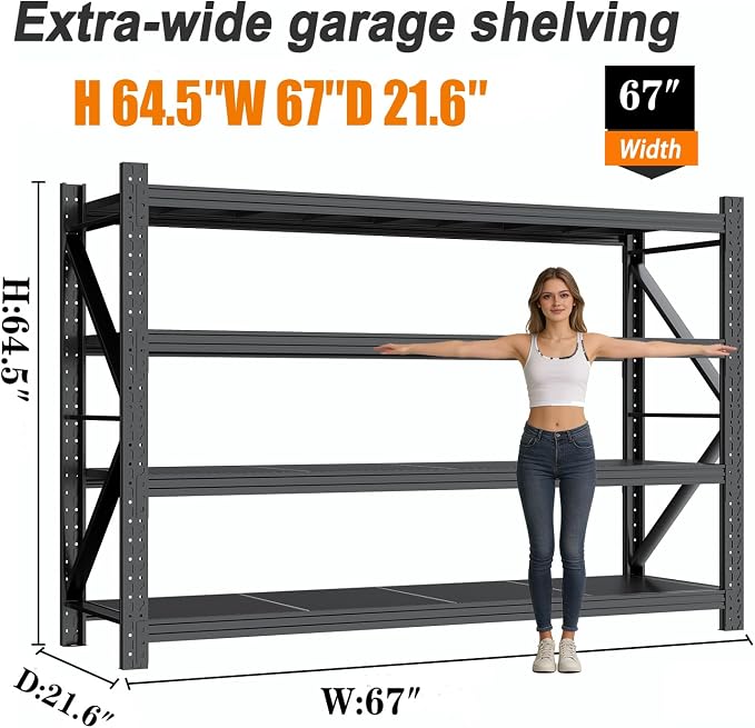 Garage Shelves Heavy Duty 67" W Metal Garage Shelving Unit | High Load Capacity Industrial Storage Shelves for Garage Warehouse Basement