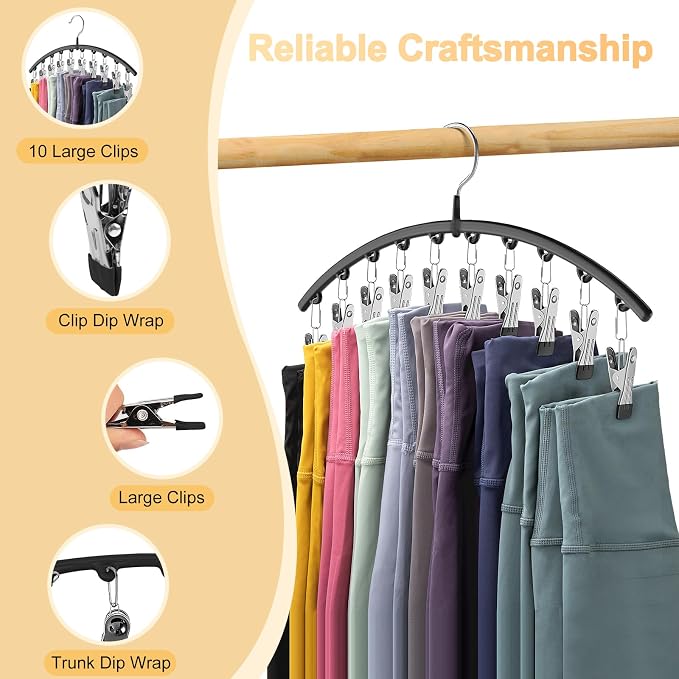 Legging Organizer for Closet, Metal Yoga Pants Hangers 4 Pack w/10 Clips Holds 40 Leggings, Space Saving Hanging Closet Organizer w/Rubber Coated Closet Organizers and Storage, Black