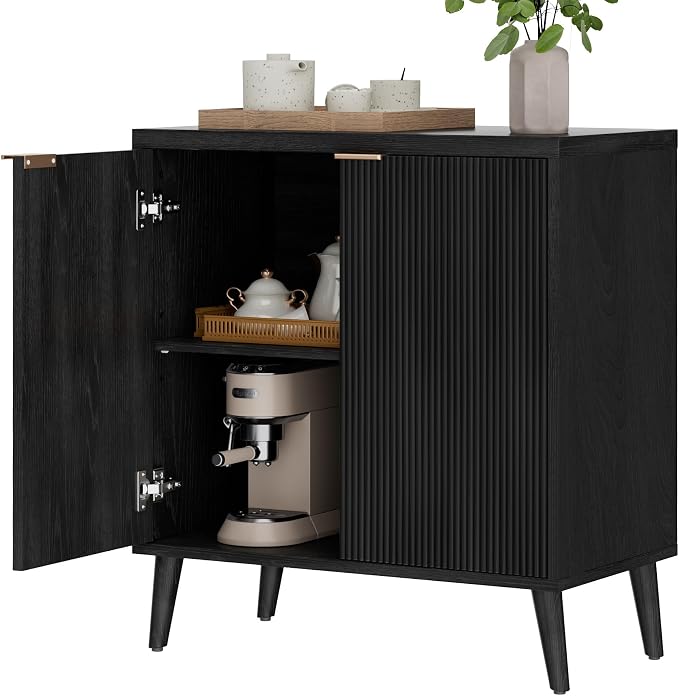 Homleke Fluted Buffet Cabinet with Storage, Modern Sideboard Cabinet | Double Doors, Adjustable Shelf, Accent Buffet Table for Kitchen, Dining Room, Living Room, Entryway & Hallway, Black