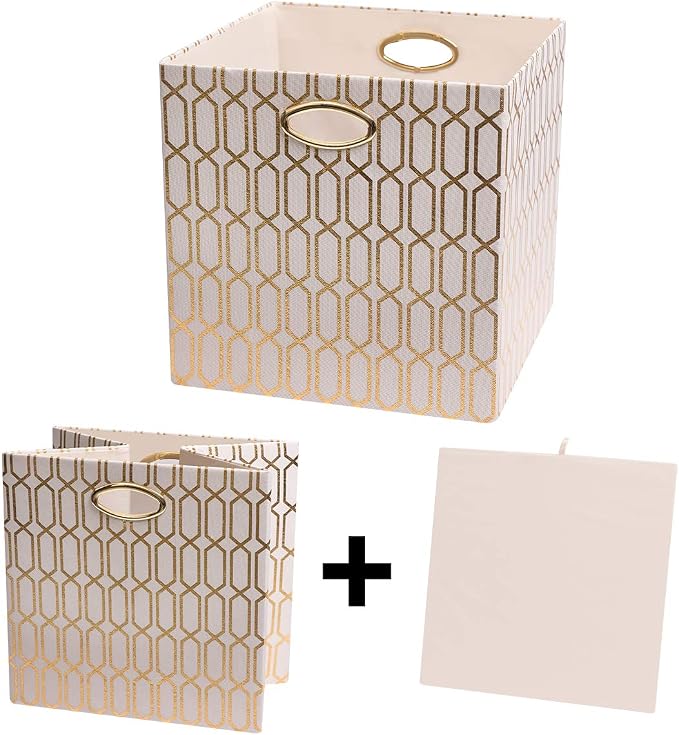 Posprica Storage Bins, Storage Cubes, 11×11 Fabric Drawers Organizer Basket Boxes Containers (11×11×11/4pcs, Cream/gold geometry Pattern)