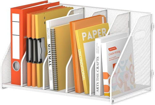 SUPEASY Binder Organizer, Magazine File Holder with 5 Vertical Rack, White | Metal Desk File Organizer & Binder Holders, Magazine Organizers for Office Desktop, Home, School, Classroom