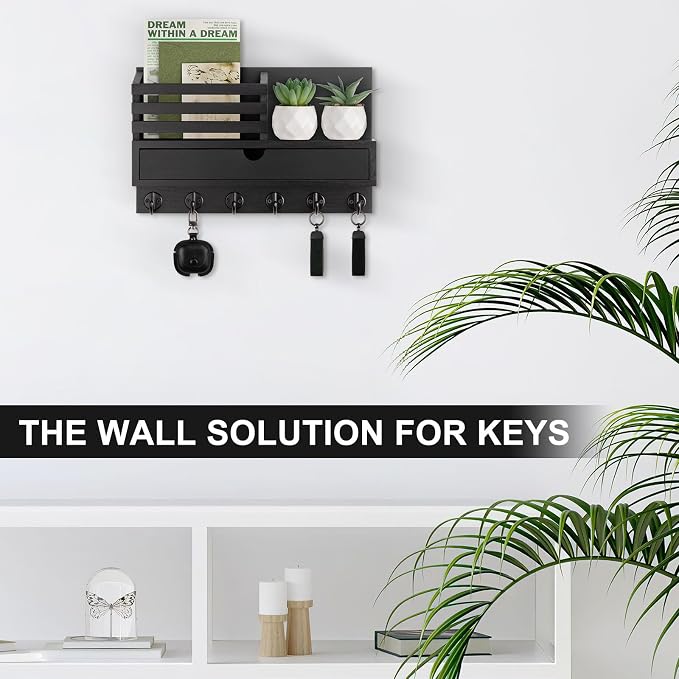 Key Holder Wall Mount, Mail Holder with Storage Drawer and 6 Key Hooks for Coat, Dog Leash, Home Decor Rack, House Accessories, Entry Way Organizer