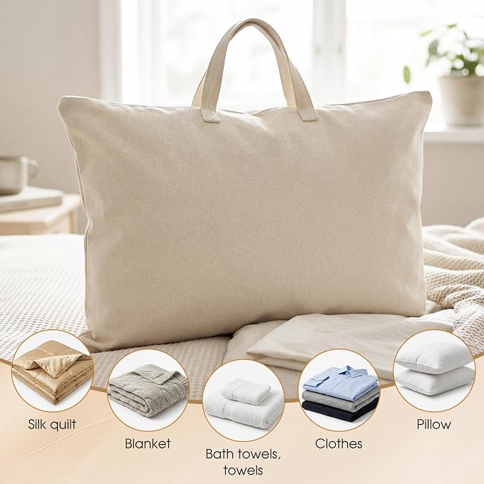 2 Pack Travel Pillow and Blanket Bags, 100% Cotton Canvas Pillow Storage Bag with Handles for Airplane Home, Heavy Duty Breathable Organizer for Bedding Linens, Pillow Bag for Traveling(2,20"x30")