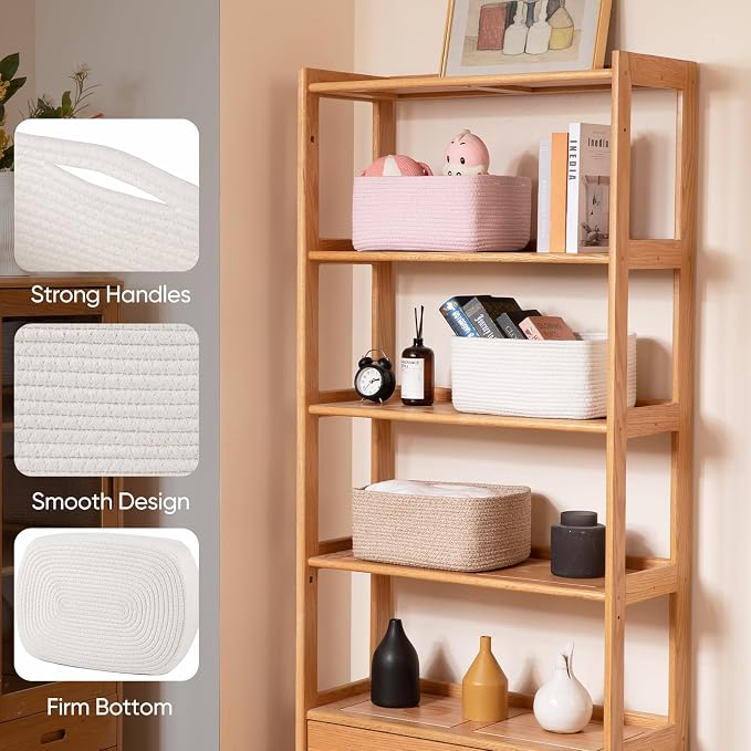 OIAHOMY 4 Pack 14.17 * 11.02 * 6.3IN Storage Baskets for Organizing Shelves, Woven Rope Baskets for Organizing Books, Clothes, Decorative Basket for Living Room, Nursery, Bedroom, Gift Basket, White