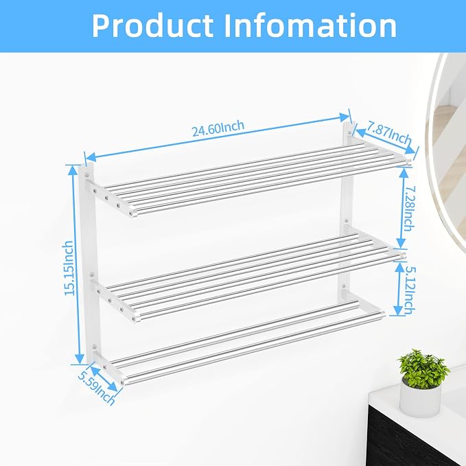 KLJKPA 24 Inch Towel Racks for Bathroom Wall-Mount, 3-Tier, Brushed Nickel | Towel Shelf with Double Towel Bar, Towel Holder, Towel Storage for Bathroom Lavatory, Stainless Steel, Space Saving