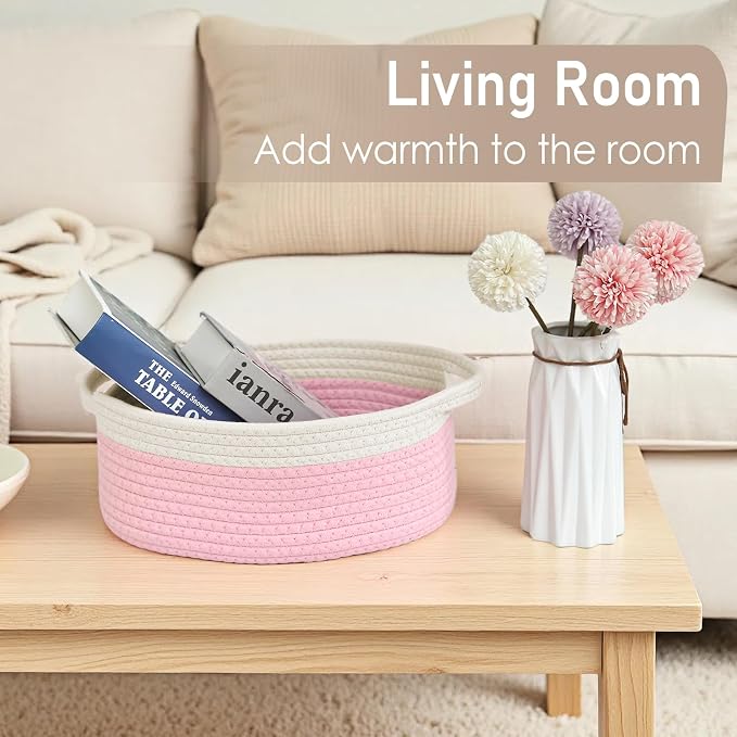 JMvicyroam Small Woven Basket, Empty Gift Basket, White&Pink/1 Pack | Small Gift Basket, Cotton Rope, 12 x 8 x 69 in, Handles, Includes Ribbon and Bag, Birthday Gift Basket