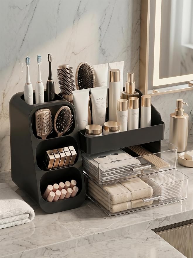 Booklov Large Makeup Organizer for Vanity Countertop, Black | Clear Acrylic Cosmetic Display Case, Beauty Brush Holder for Bathroom Counter, Make Up Skincare Lipsticks Storage