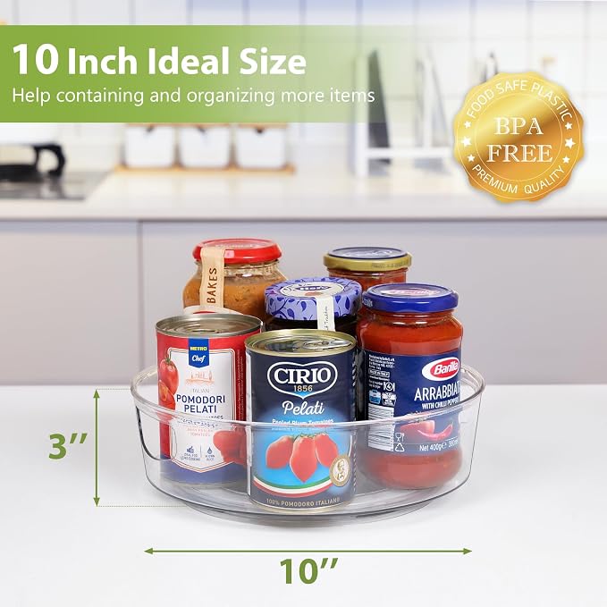 Guzon 4 Pack Lazy Susan Turntable, 10 Inch Rotating Organizer with Handles | Pantry Organizers and Storage, Clear BPA-Free Spice Rack for Cabinet, Kitchen, Refrigerator, Table Top, Pantry, Countertop