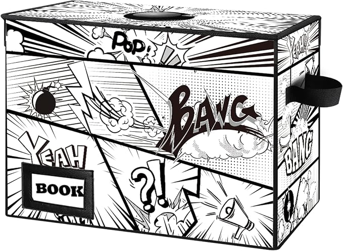Comic Book Storage Box, 15.8" X 7.8" X 11.8", Heavy Duty Collapsible Holds 160-180 Comic Book Bin Container Holder Shelf (Cartoon Bombs)