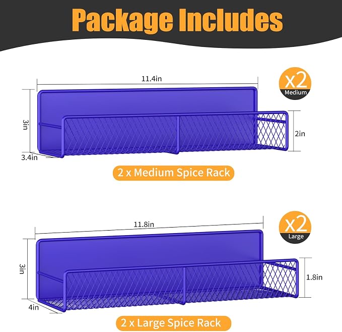 DTUQYX Magnetic Spice Rack for Refrigerator, 4 Pack 100% Metal Strong Magnet Fridge Shelves, Space Saving Spice Organizer, No Drilling Home Kitchen Laundry Room Storage Organization, Purple Blue
