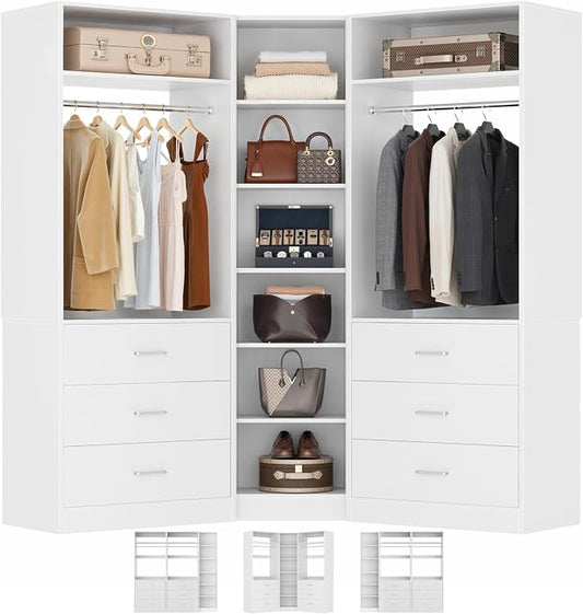 Besiost Closet System with 6 Drawers & 10 Shelves, Corner Closet Organizer System, Reversible Walk-in Closets, (L-Shaped 31.5" L * 31.5" W / I-Shaped 62.9" L * 15" W), Load 1500+LBS, White
