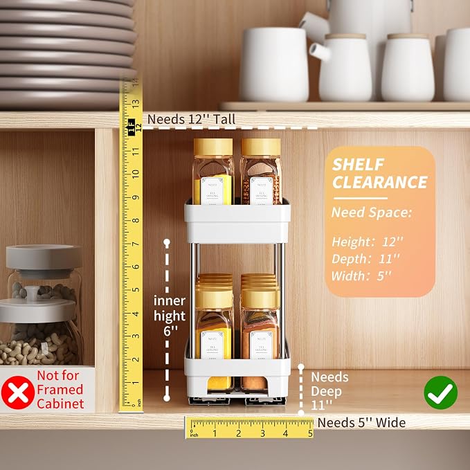 Pull Out Spice Rack Organizer for Cabinet, 2 Pack Slide Out Spice Racks Organizer, Spice Cabinet Organizers, Cabinet Size Need:12'' Highx11'' Deepx5'' Wide,Hold 10 Spice Jar Each Tier-2Tier, White