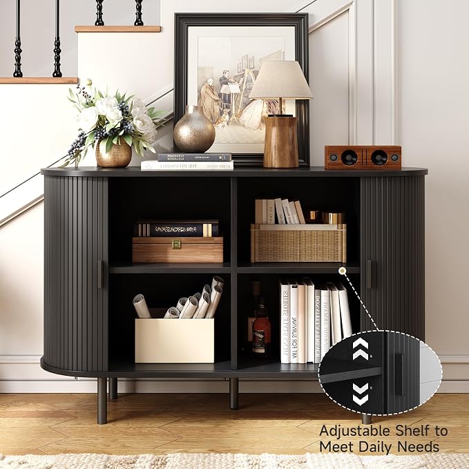 48" Sideboard Buffet Cabinet with Storage, Storage Cabinet with Sliding Door & Adjustable Shelf, Modern Accent Coffee Bar Console Table for Kitchen, Entryway, Black