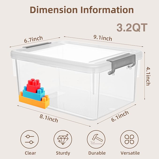 8Packs 3.2Qt Small Clear Storage Bins with Lids, Plastic | Containers with Lids for Crafts, Beads, Stationery, Toys and Accessories. Stackable to Save Space at Home,Office