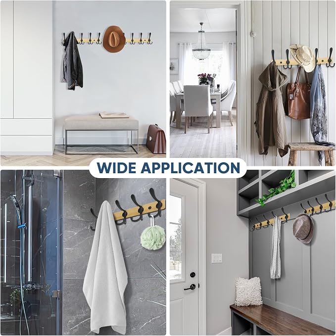 TICONN Wall Mounted Coat Rack, Five Heavy Duty Tri Hooks All Metal Construction for Jacket Coat Hat in Mudroom Entryway (Wood Black, 2-Pack)