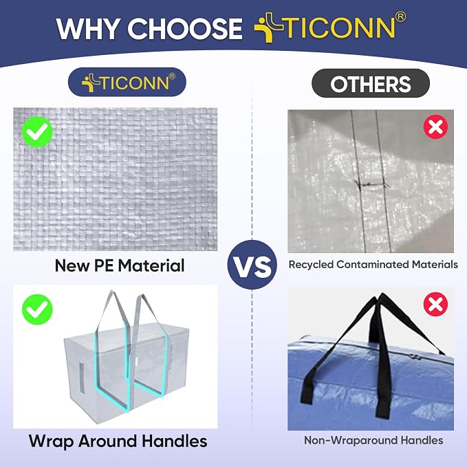TICONN 6 Pack Extra Large Moving Bags Heavy Duty with Zippers & Carrying Handles, Durable Storage Bags Moving Boxes for Closet Organizers and Storage (6 Pack, Light Grey)
