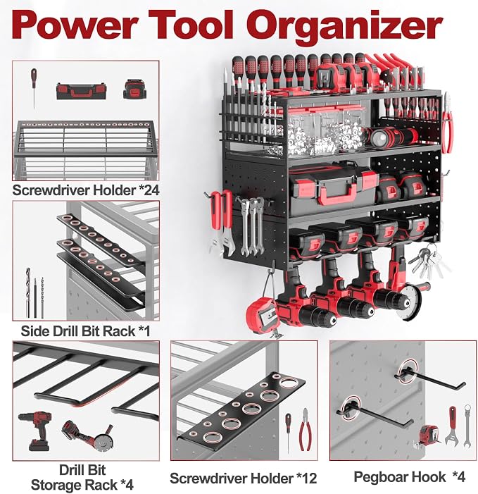 16" Metal Power Tool Organizer Wall Mount,4 Tier,Black | Heavy-Duty Metal,200 LBS Capacity,4 Cordless Drill Holders,Adjustable Hooks,Tool Shelf for Garage Workshop Shed,Pegboard