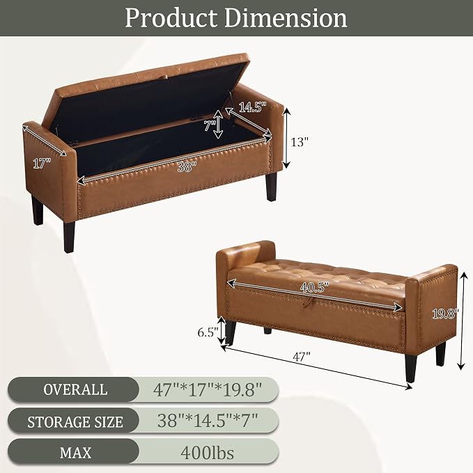 47'' Leather Storage Ottoman Bench, End of Bed Storage Bench with Wooden Legs, Upholstered Tufted Ottoman with Storage for Bedroom, Living Room, Entryway, Light Brown