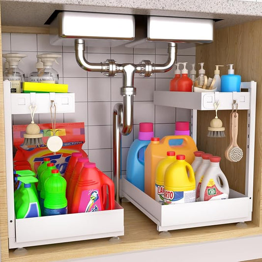 Under Sink Organizer Bathroom Kitchen: 2 Pack 2 Tier Metal Under Cabinet Storage with Height-adjustable Shelf and Pull out Rack for Pantry Vanity Cupboard Counter Countertop, White