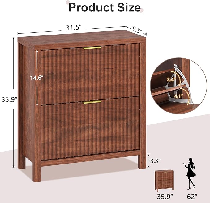 Fluted Shoe Cabinet Storage with 2 Flip Drawers for Entryway, Hallway | Narrow Shoe Rack Freestanding Shoe Organizer with Legs for Entryway，Hallway, Red Walnut