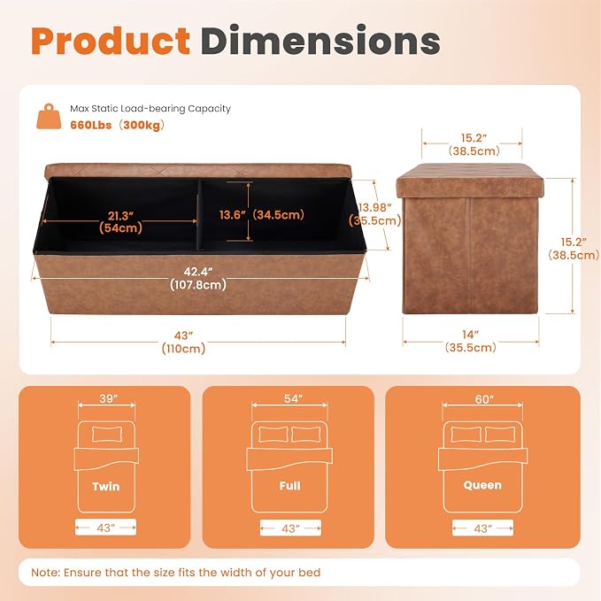 Sweetcrispy 43 Inch Storage Ottoman Bench, Folding Ottoman with Storage | Foot Rest Stool with Padded Seat, End of Bed Storage Bench for Living Room, Bedroom, Loads 660 LBS, Synthetic Leather, Brown