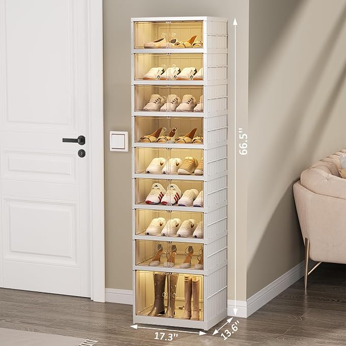 SYNCVIBE Shoe Rack Organizer for Closet Entryway 9 Tiers-18 Pairs Foldable Sneaker Storage Shoe, Collapsible Shoe Cabinet with Doors, Stackable Shoe Storage Cabinet with Lids for Living Room