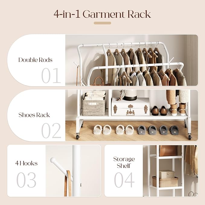 Yoobure Double Rods Clothes Rack - Portable Clothing Rack with Wheels, Rolling Garment Rack with 3-Tier Shelves & 4 Hooks, Freestanding Clothing Racks for Hanging clothes, Coat Rack for Closet Bedroom