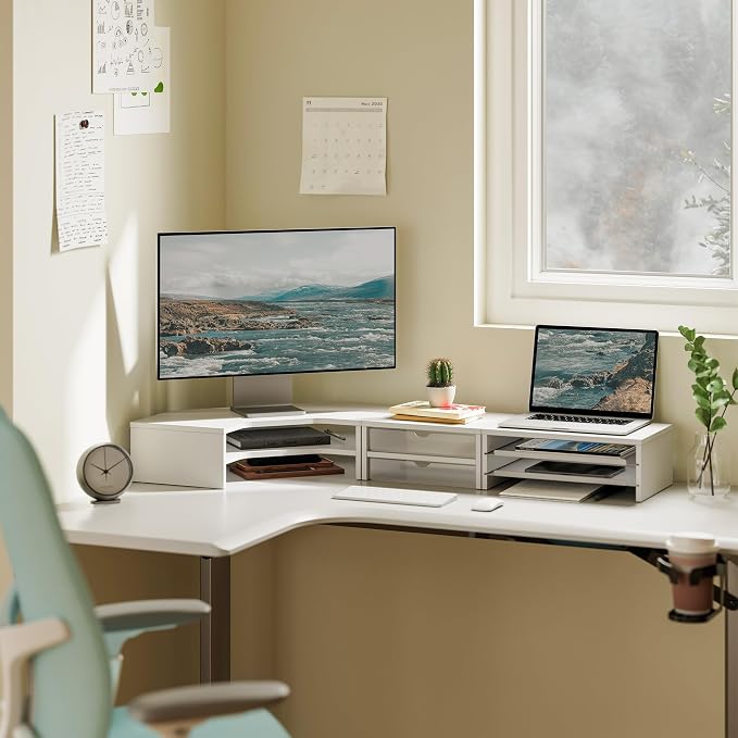 Fenge Dual Monitor Stand, Corner Desk Shelf with Drawer & Slide-Out Tray | Modular Design for Flexible Layouts, 2-Tier Storage Desktop Organizer for Computer, Laptop, Printer and Telephone