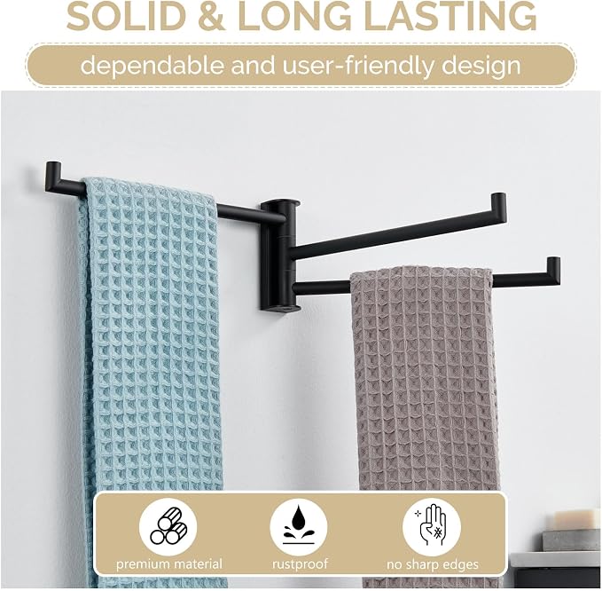 Angle Simple Kitchen Towel Rack, Swivel 3 Bars, Matte Black, 9.84" | SUS304 Stainless Steel Hand Towel Holder for Bathroom Laundry Wall, Foldable Arms Washcloth Hanger, Screws Mounted