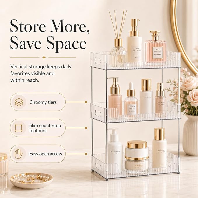 Goderewild 3 Tier Bathroom Counter Organizer, Multi-Purpose Cosmetics Skincare Shelf, Fits A4 Size Makeup Organizer for Office and Vanity Tray, Countertop Storage Solution for Kitchen,Bath.(Clear)