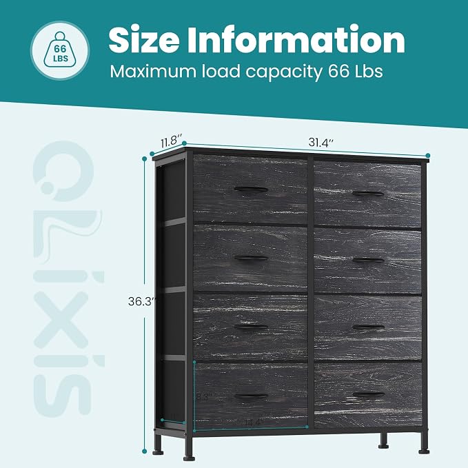 OLIXIS 8 Drawer Storage Dresser for Bedroom, Closet Organizers Units | Fabric Dresser with Wooden Top, Chest of Drawers Clothes Storage, Tower Cabinet, TV Stand Furniture, Black Wood Grain