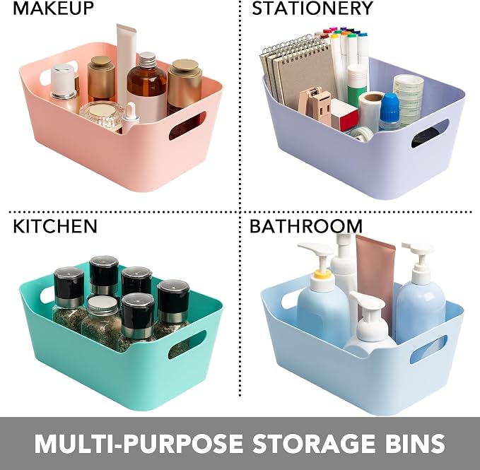 Tiawudi 12 Pack 4.5L Storage Bins, Plastic Storage Baskets for Home Classroom Organization, Multi-Use Organizer Bins for Cabinet, Pantry, Drawer, Closet, Countertop or Shelves, Colorful Containers