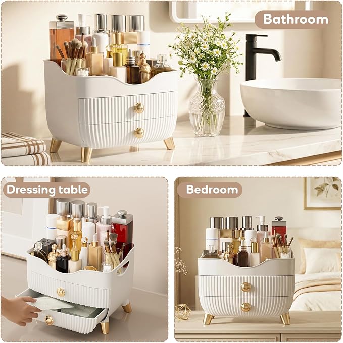 Makeup Organizer Countertop, Large Capacity Skincare Organizer for Vanity | Cosmetics Organizer with Drawes & Handle, Cosmetic Display Cases Storage Box for Dresser, Bathroom, Gifts for Women(White)
