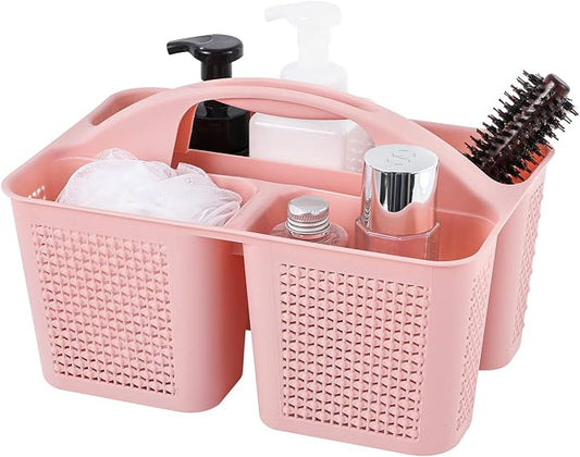 Plastic Portable Shower Caddy Basket with Handle, 3 Compartments, Pink | Storage Organizer with Drain Holes, Sturdy and Durable For Bathroom, Kitchen, College Dorm, Sink, Camping