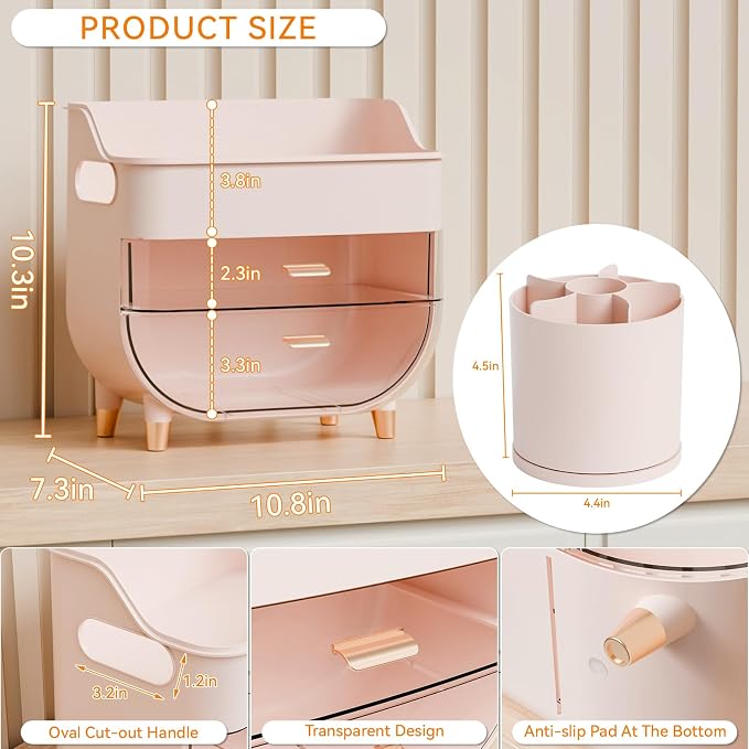 Pink Make up Organizer for Countertop,Vanity,Large Capacity Bathroom Makeup Skincare Organizers With Brush Holder,Makeup Storage Organizer for Lotion,Beauty Products,Skin Care,Makeup Display