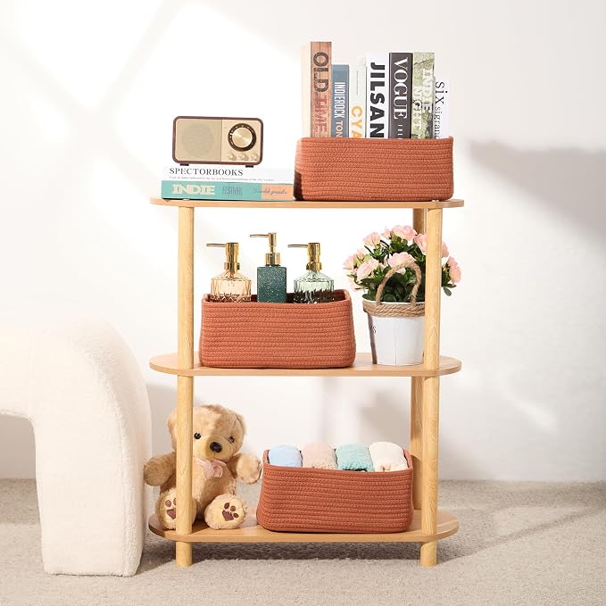 MiniArk Small Storage Baskets for Organizing | Closet Organizer Bins | Shelf Toy Basket | Woven Rope Baskets | Cube Decorative Box | Shallow Basket | 11.5x7.5x4.7” | 3 Packs Oxide Red