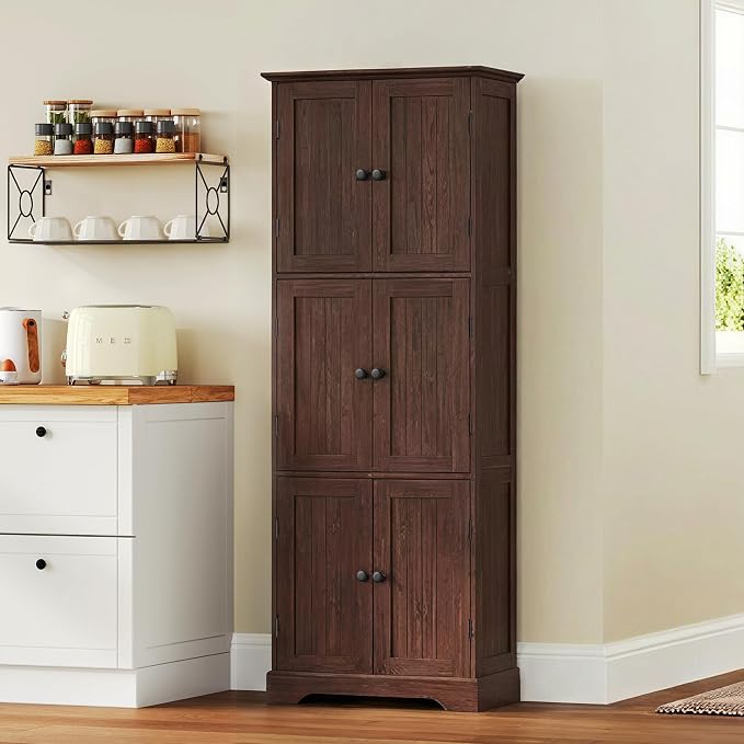 ChooChoo 63.2" Tall Bathroom Storage Cabinet with 6 Doors | Freestanding Floor Cabinet, Adjustable Shelves, Pantry Cabinet for Bathroom, Kitchen, Laundry Room, Rustic Walnut