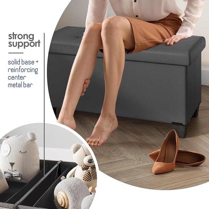 Storage Ottoman Bench with Bins, 30-in Storage Bench for Bedroom End of Bed, Folding Foot Rest Ottoman for Living Room Max 660lbs, Faux Leather Ottomans, Grey