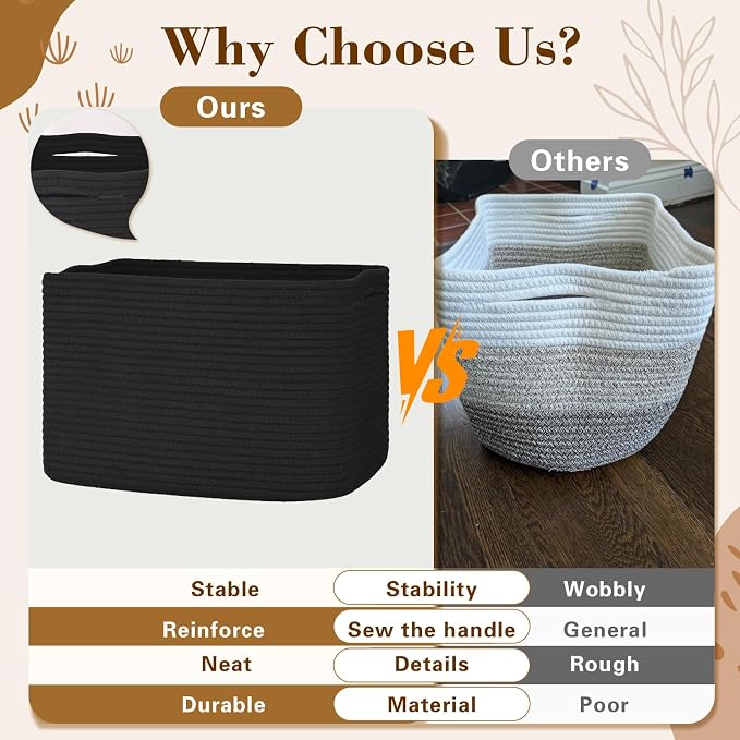 Baskets for Organizing,Storage Baskets,3 Pack Baskets for Shelfves,15"×10"×9" Woven Black Basket,toy storage bins,bins for organization