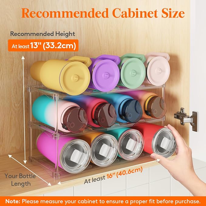 Lifewit Stackable Bottle Storage Organizer, Clear Freestanding Wine Holder for Cabinet, Large Slot Water Bottle Tumbler Cup Organizer for Pantry, Plastic Wine Rack for Fridge Cellar, 3Tier Hold 12
