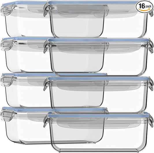 Razab 16 Pc (Set of 8) 30 Oz Glass Meal Prep Containers with Lids, Airtight Large Glass Food Storage Containers, Reusable Leak Proof BPA Free, Freezer to Oven and Dishwasher Safe