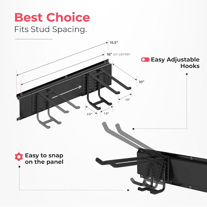 TIDYME Garage Wall Organizer, Shovel Holder Wall Mount, 64" Double Hooks | 400 lbs, adjustable double-layer tool hangers for garage wall, holds ladders, shovels, rakes, hoses & power tools