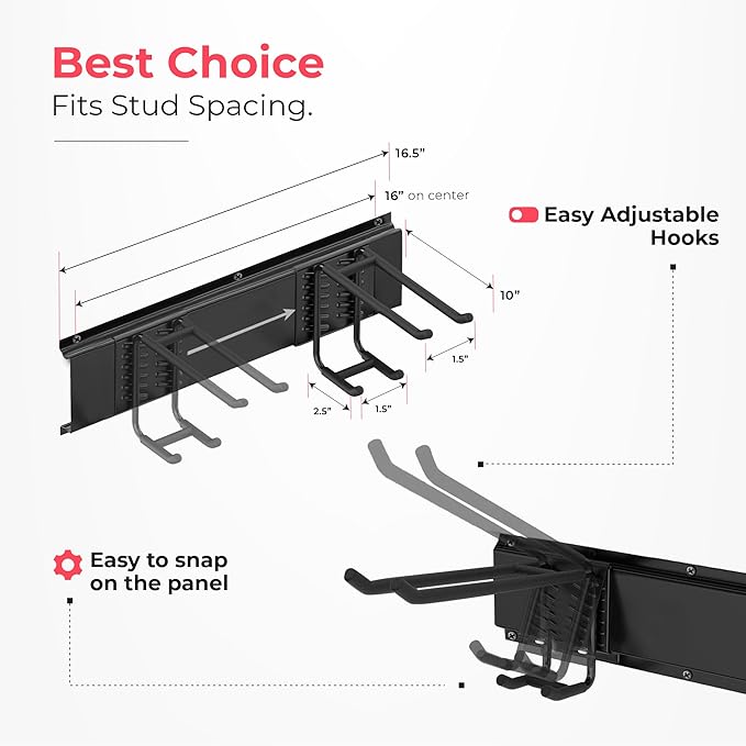 TIDYME Garage Wall Organizer, Shovel Holder Wall Mount, 80" Double Hooks | 500 lbs, adjustable double-layer tool hangers for garage wall, holds ladders, shovels, rakes, hoses & power tools