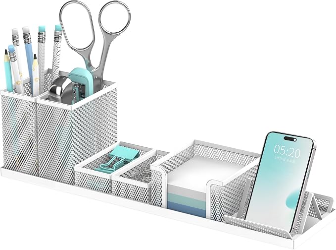 Pen Holder for Desk, 6-Piece Mesh Desk Organizer with Phone Holder, White | 6-Piece Black Mesh Desk Set Includes Pen Cups, a Sticky Note Caddy and Phone Holder for Office, School, Home