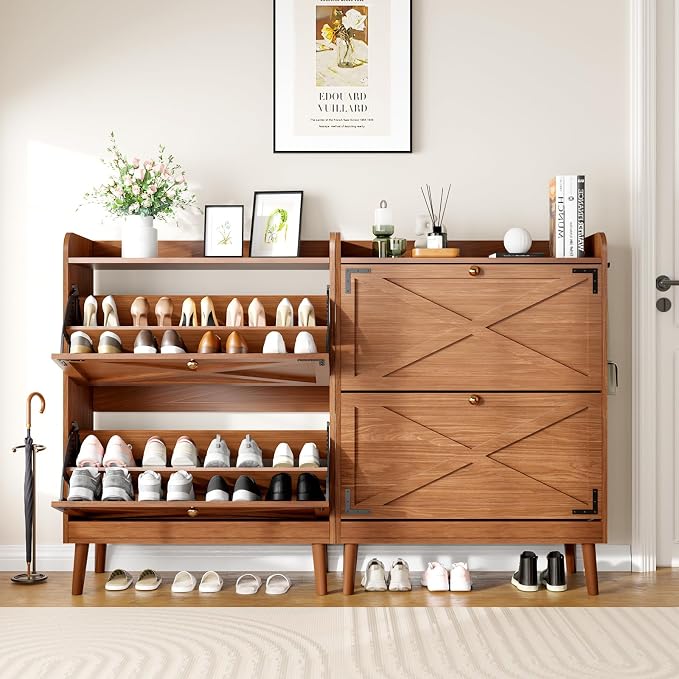 YZ HOME Shoe Storage Cabinet with 2 Flip Drawers | Entryway Shoe Cabinet, Metal Hooks & Adjustable Shelves, Freestanding Narrow Shoe Rack for Hallway Foyer, Walnut