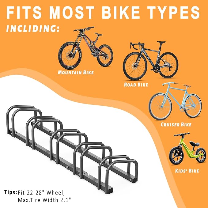 Bike Storage Rack for Garage, 5 Bikes Floor Bike Stand, Bicycle Parking Holder Stand for Indoor/Outdoor, Fit 22-28" Wheel Tire Width 2.1"