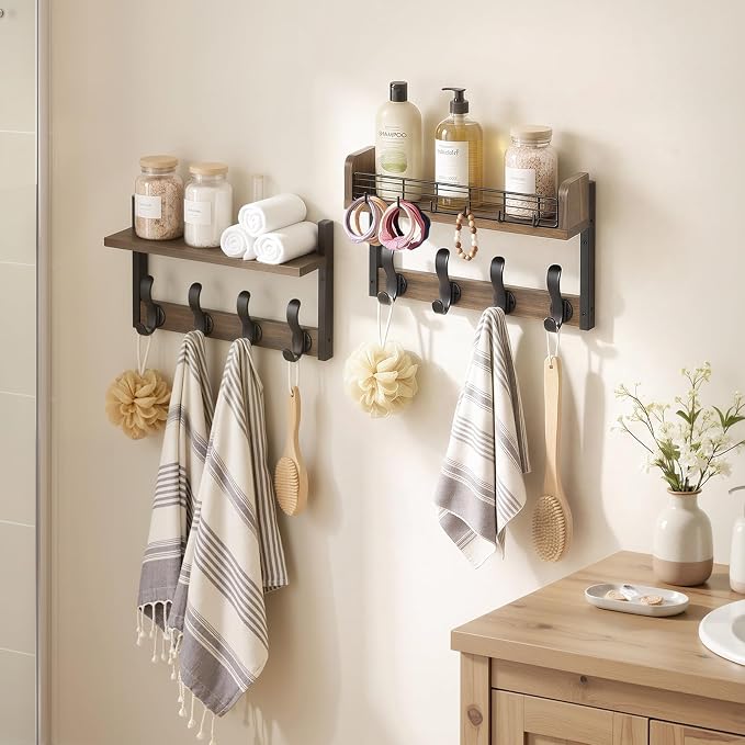 Delamu 32" Coat Rack with Shelf, 4 in 1 Coat Hanger Wall Mount with Shelf, Wooden Entryway Wall Organizer with Hooks, Brown
