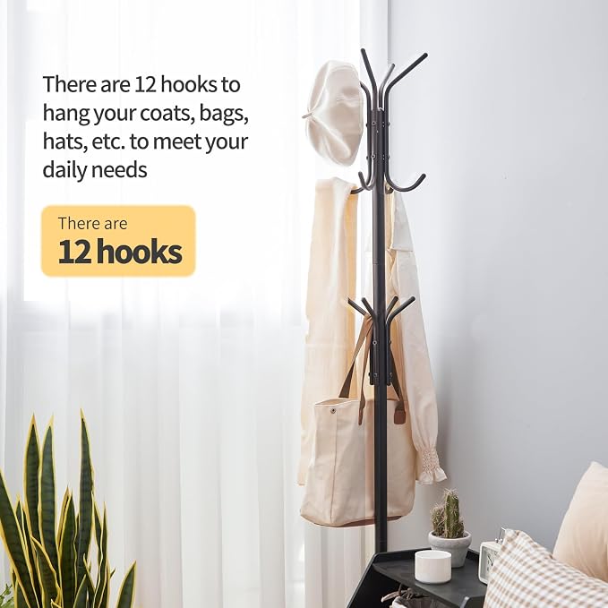 Coat Rack Freestanding,hat and coat rack stand for entryway,Living Room,Bedroom,Metal coat tree with12 Hooks and 3 Legs (Black)